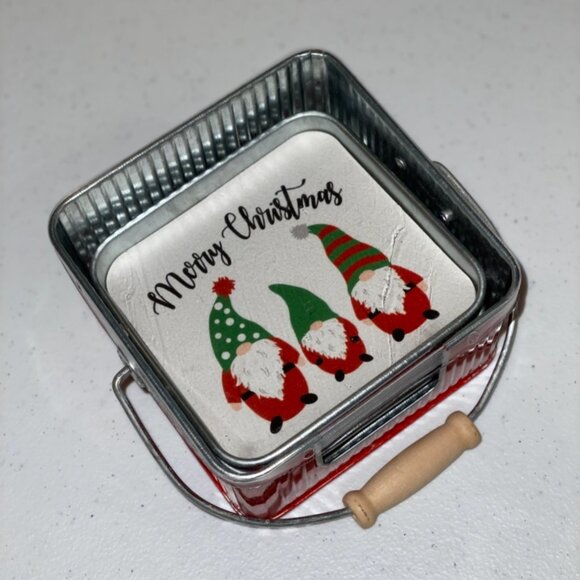 Holiday Christmas Gnome Coaster Set 4 tin coasters plus holder with handle - Picture 3 of 14